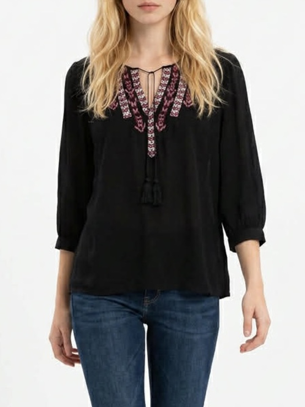 Forever 21 Women’s Black Top Blouse Small Boho Embroidered Tie Neck